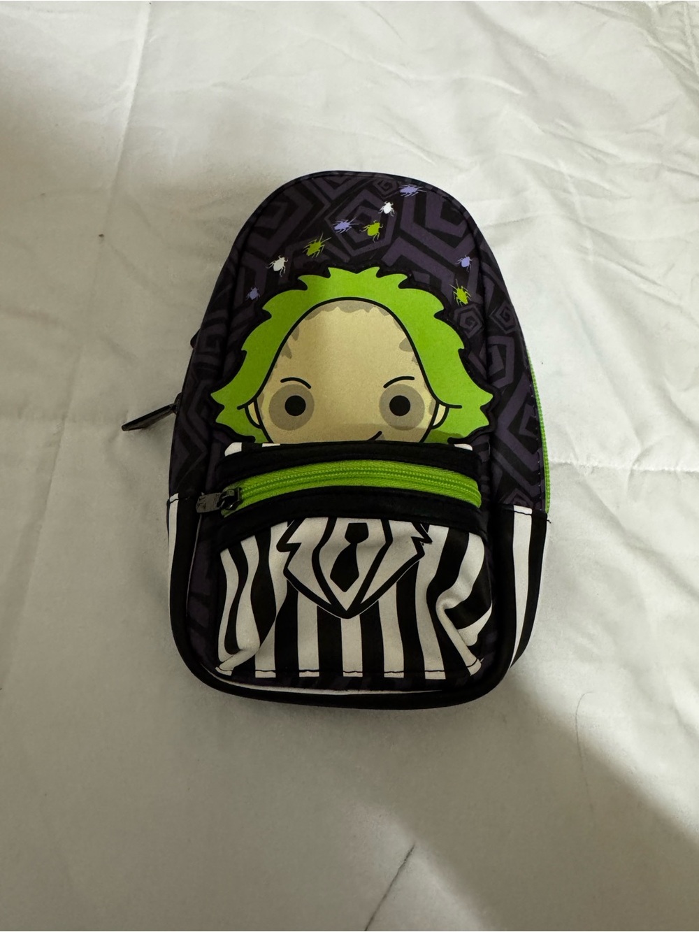 Beetlejuice Character Mini Backpack in Green and Black with Striped Front Pocket